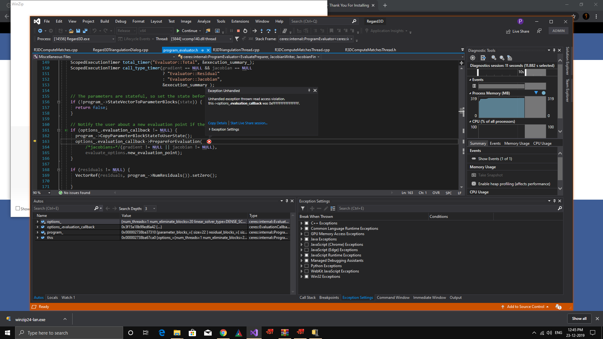 Exception thrown at 0x00007FFDFE710E57 (ntdll.dll) in Regard3D.exe
