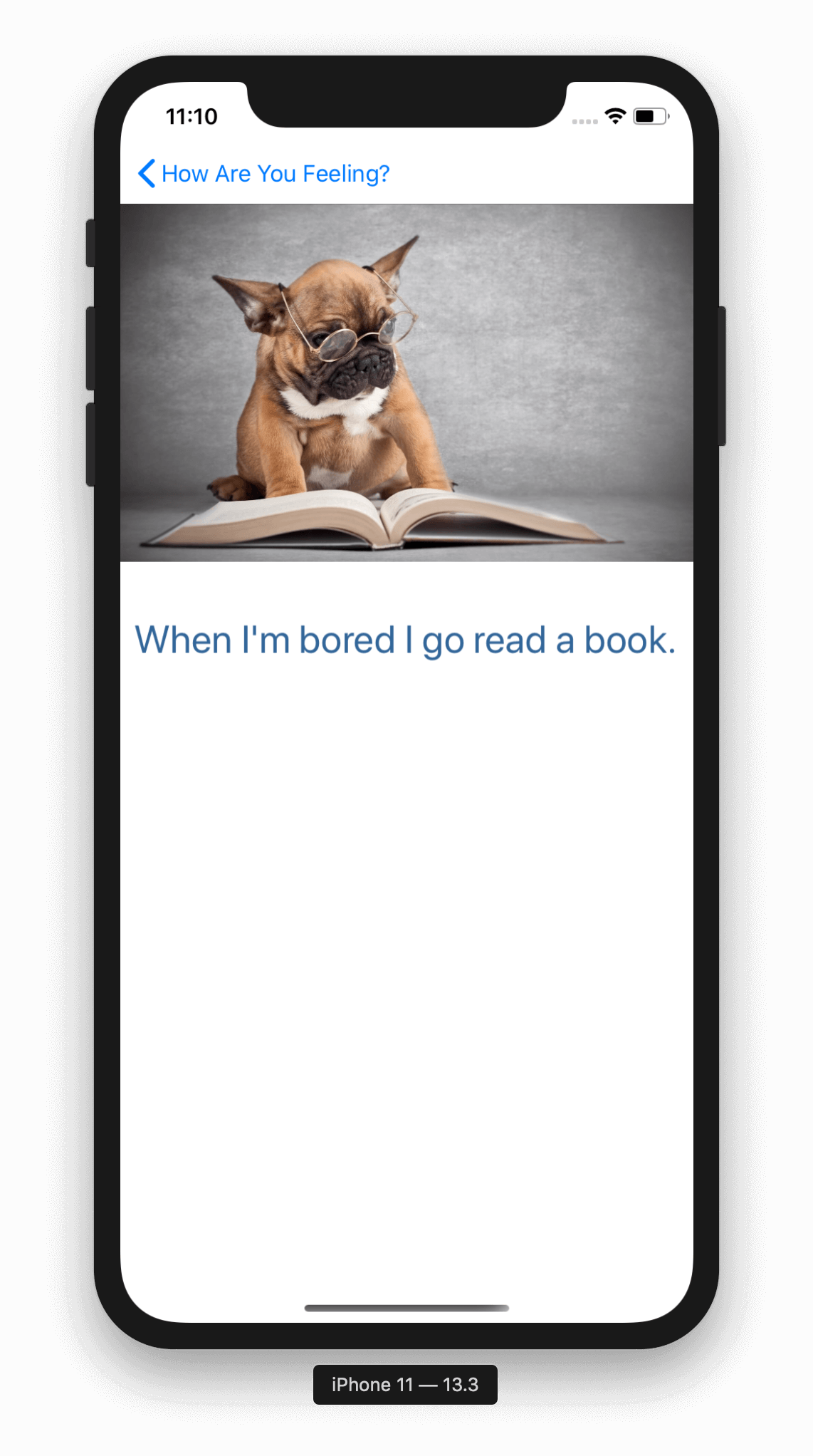 Image of iPhone screen with a photo of a dog with glasses looking at a book. Underneath is the caption: When I'm bored, I go read a book.