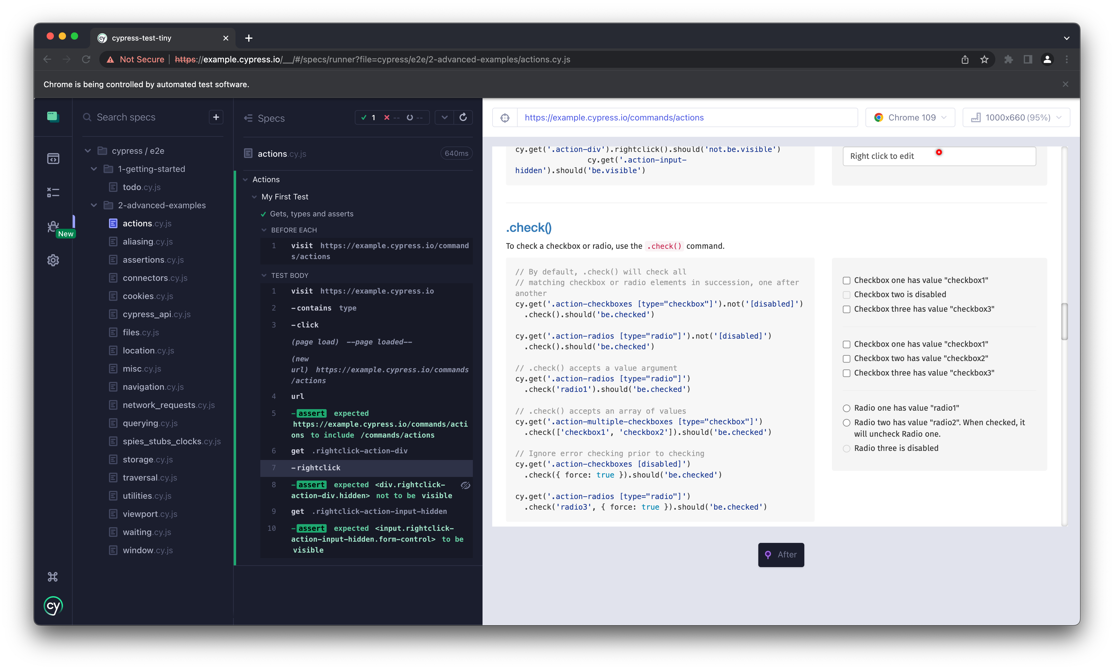 The `rightclick()` test on the example pages shows the incorrect