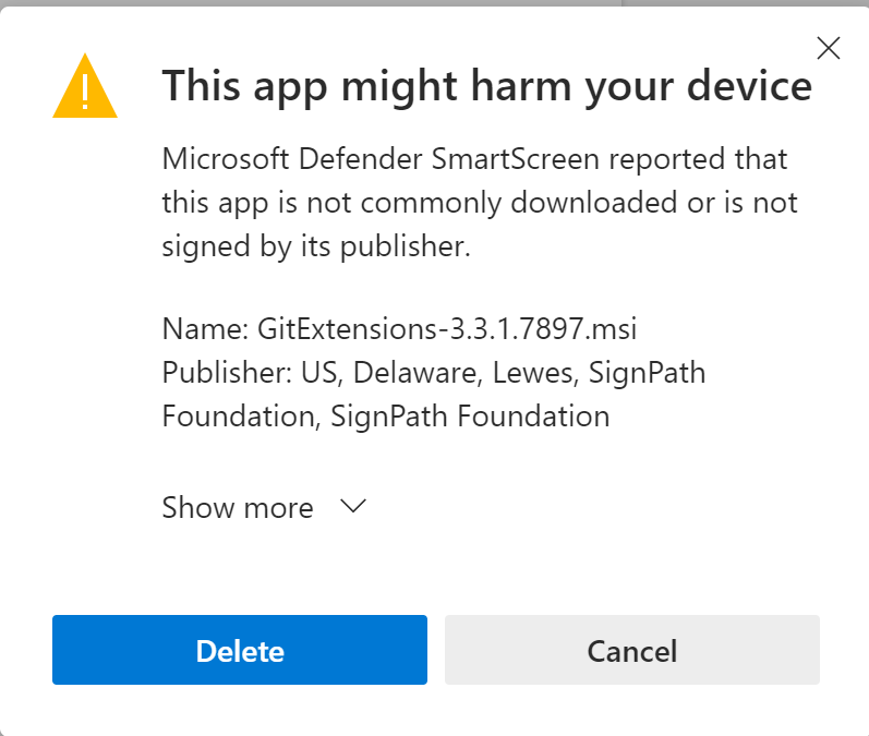 Microsoft Defender SmartScreen warning against GitExtensions MSI ...