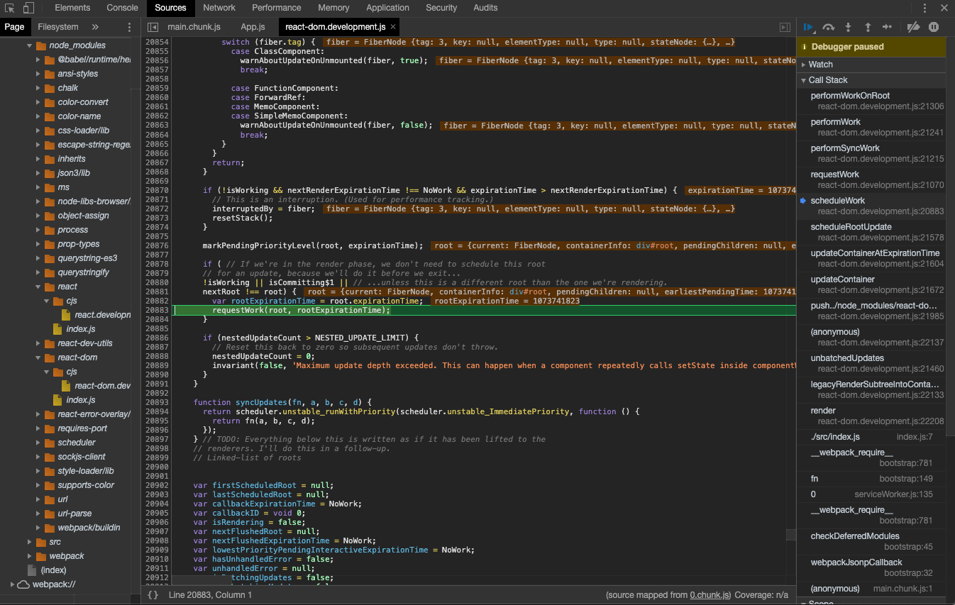 javascript new to coding, debugging problem,... debugger traces back to wrong line while digging in react source code ...
