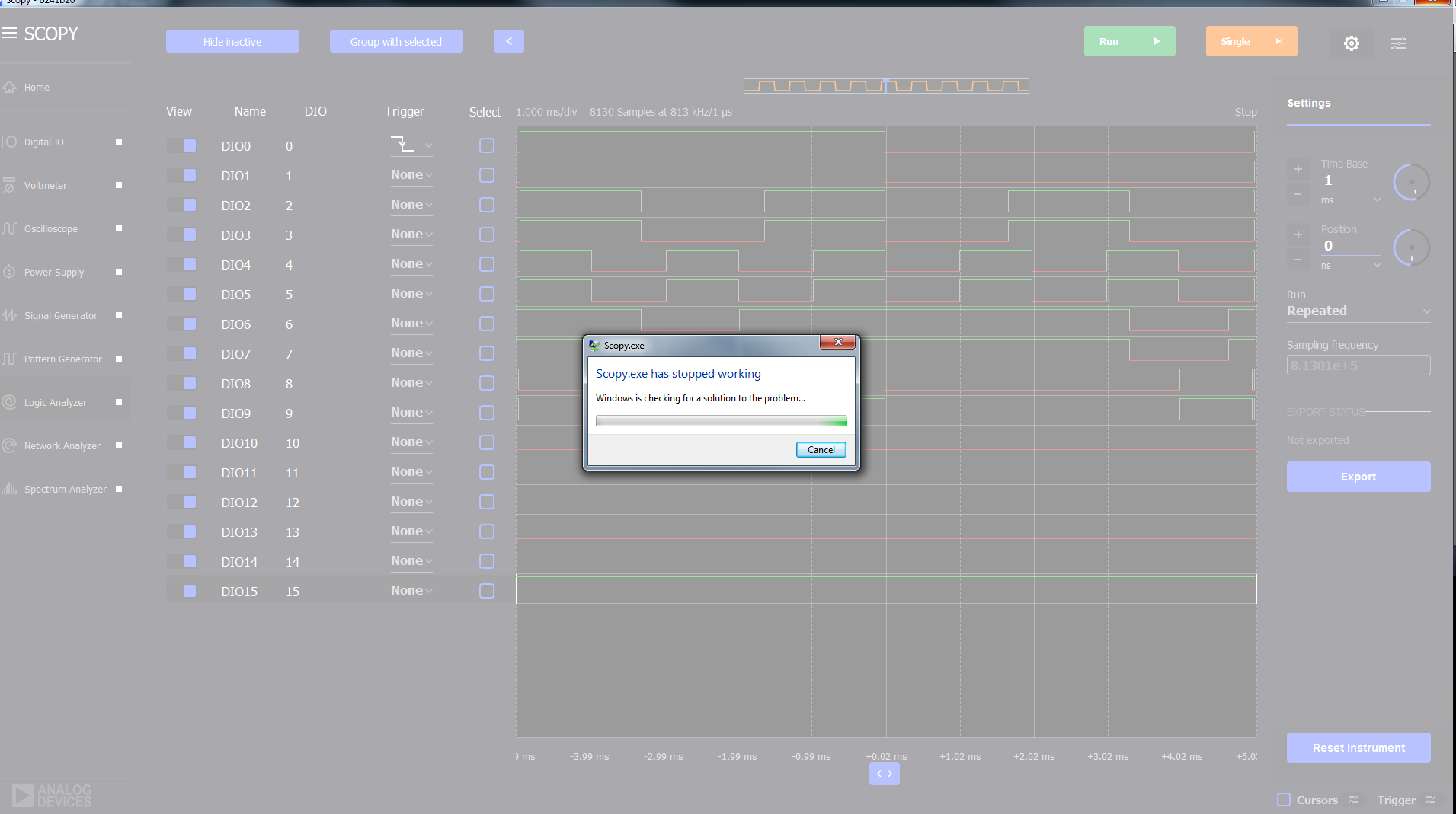 Logic Analyzer: Scopy crashes when exporting csv file format · Issue ...