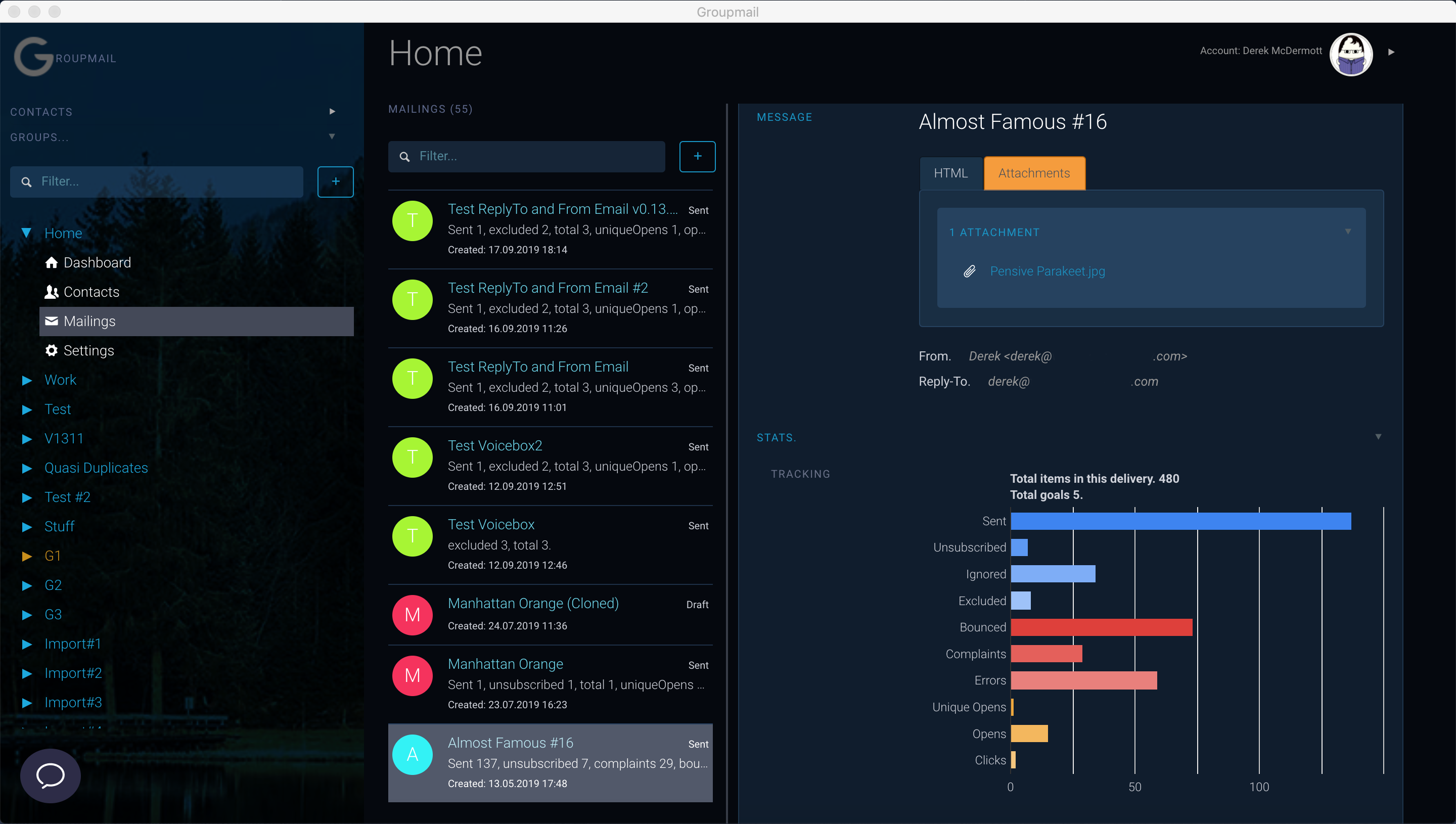 Mailing Statistics View (Dark Theme)