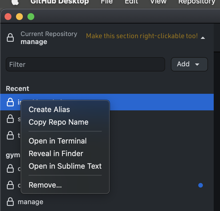 Allow right click on the "Current Repository" section · Issue #13371 ...