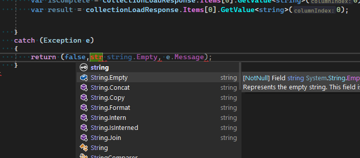 IntelliSense suggests the "String" class, not the "string" keyword ...