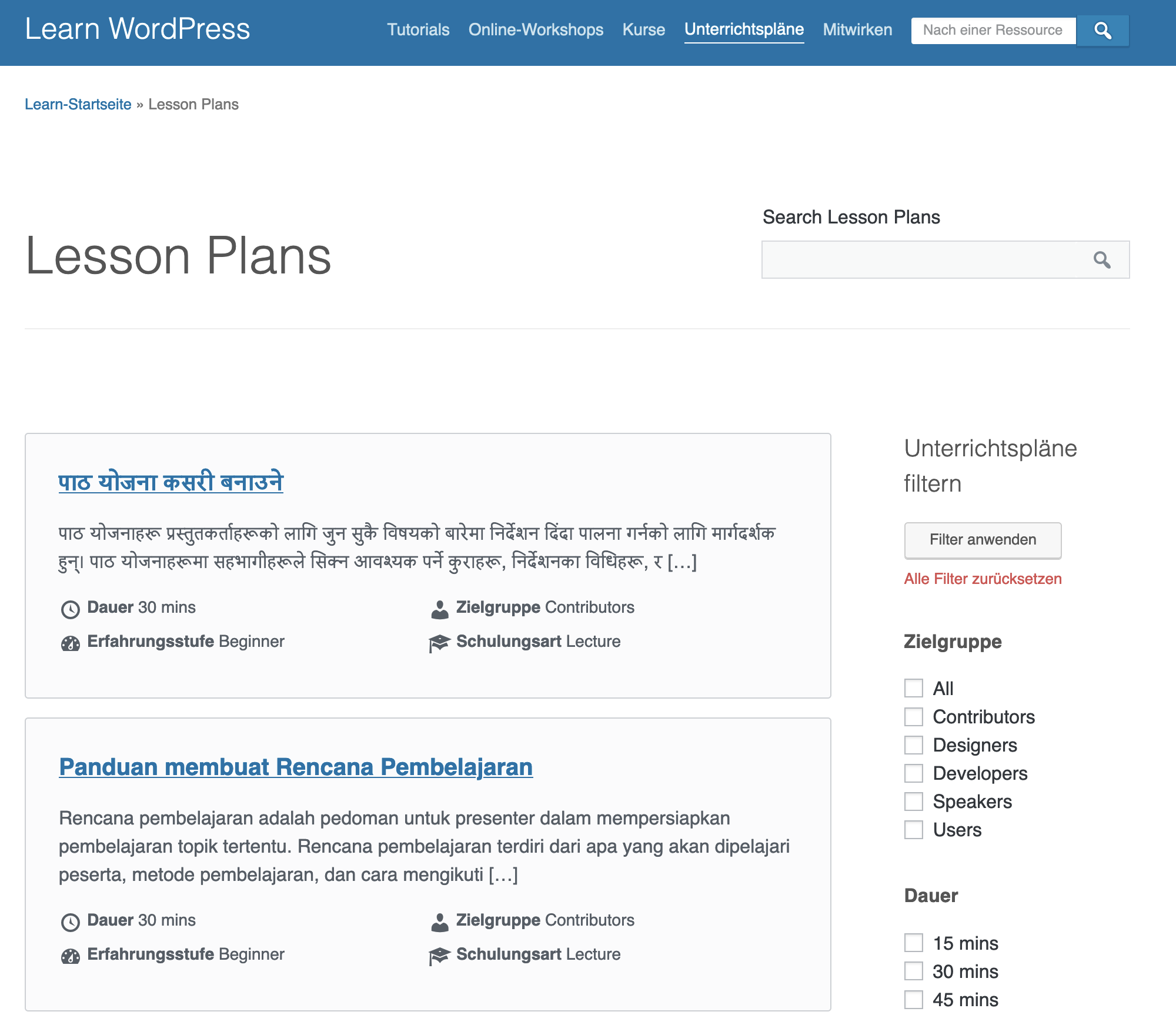 Lesson Plans: In non-English, lessons in all languages are displayed ...