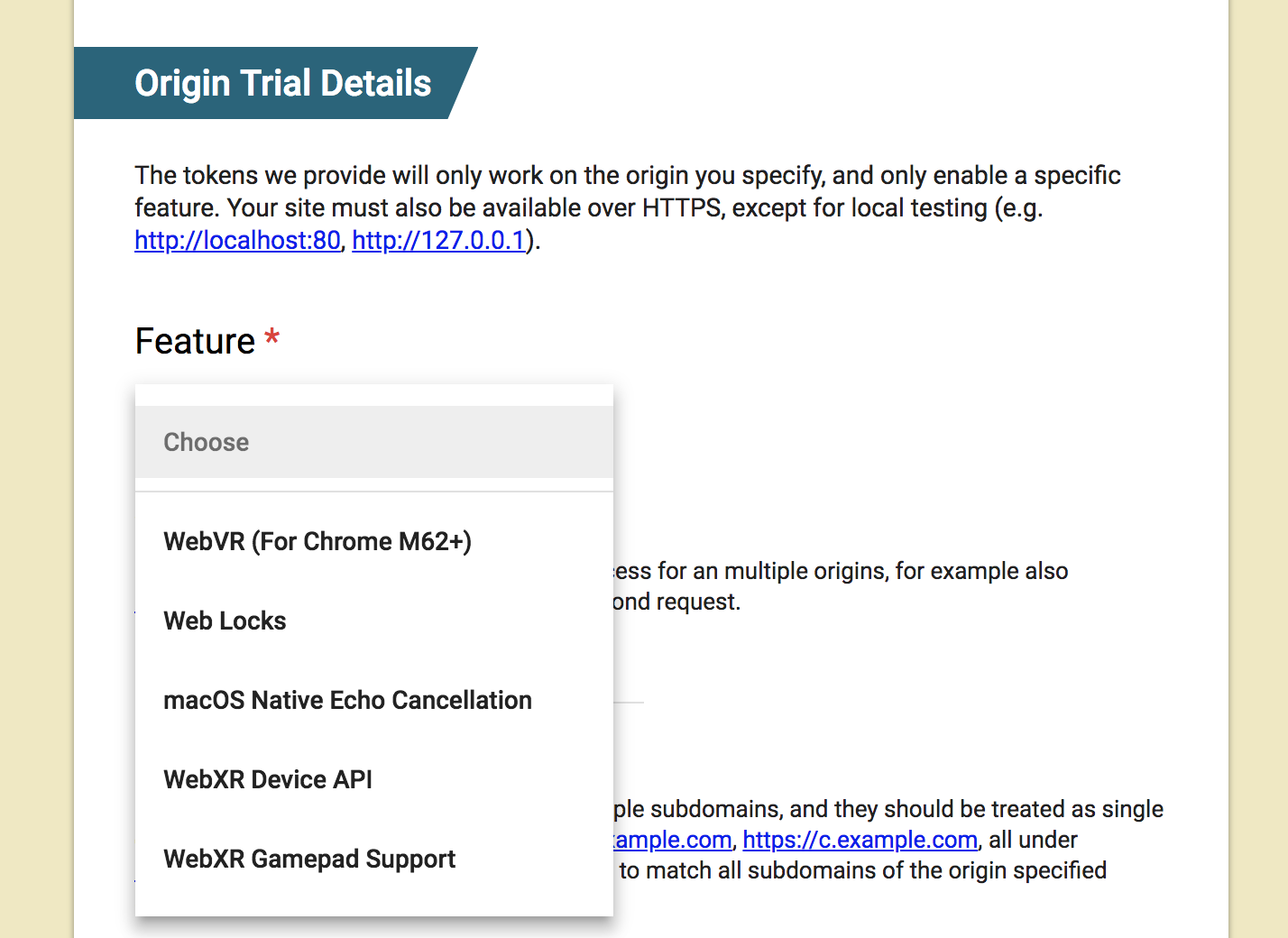 screen shot of Features on Origin Trials Sign-Up page