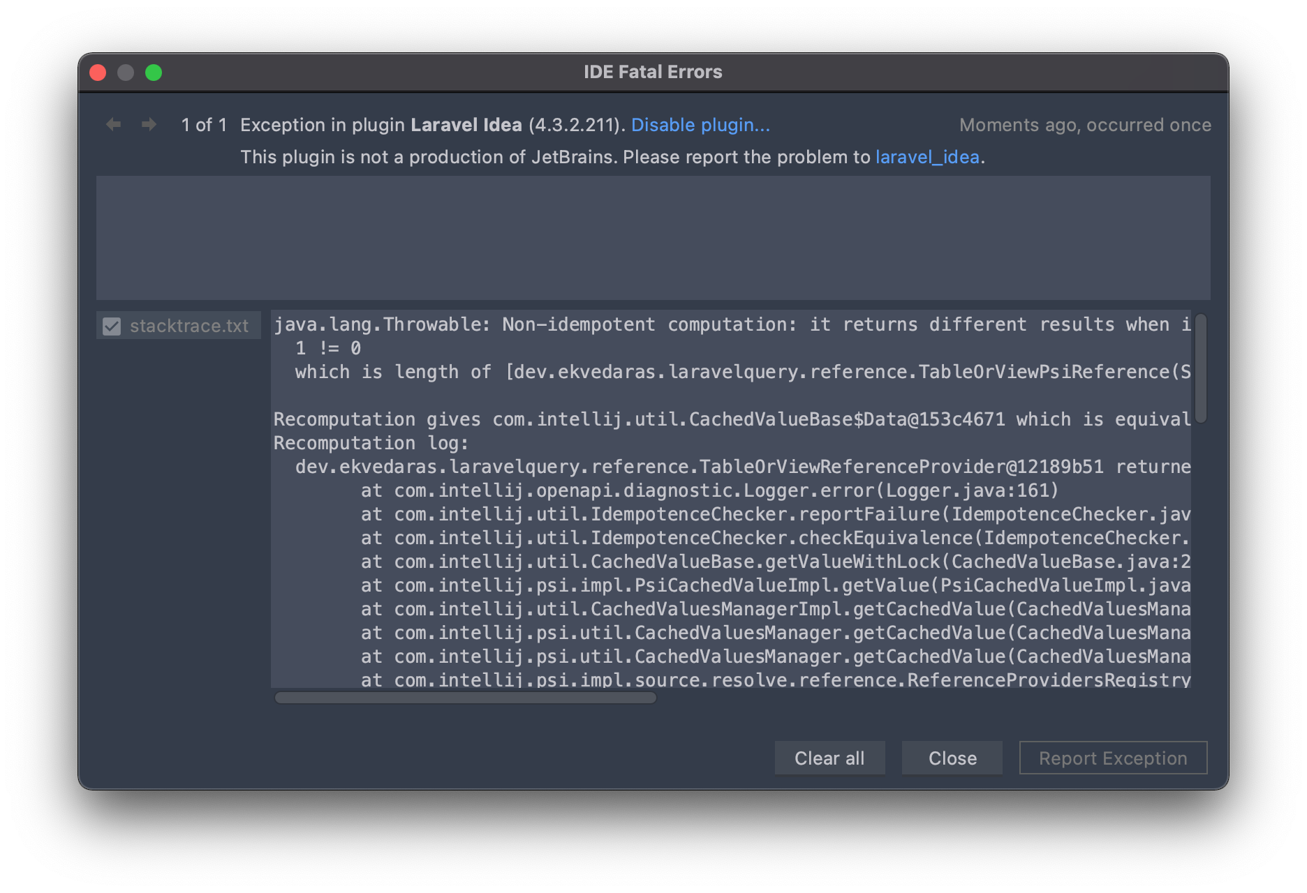 Error in PhpStorm java.lang.Throwable Nonidempotent computation it