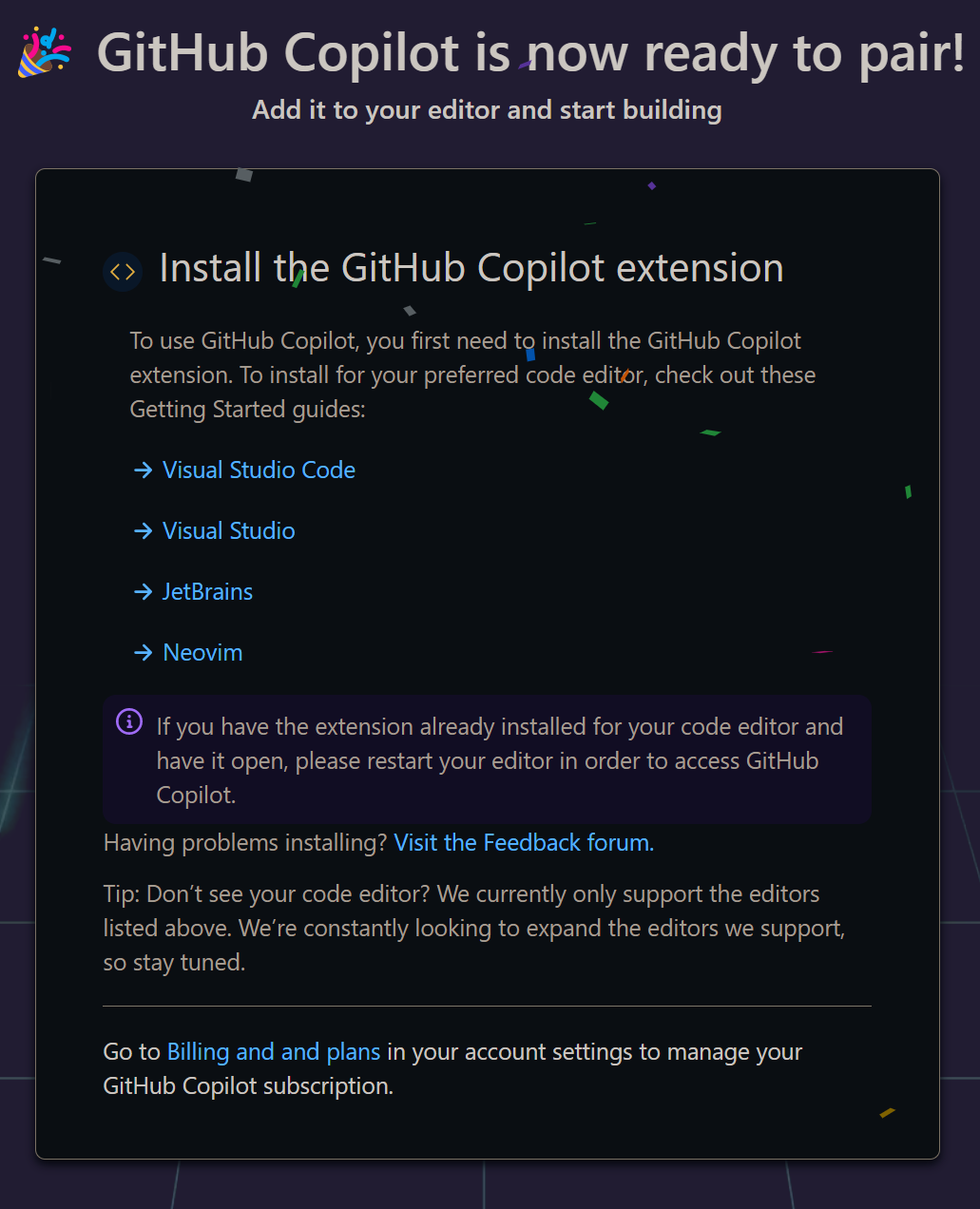 GitHub Copilot settings do not appear after signing up for free trial ...