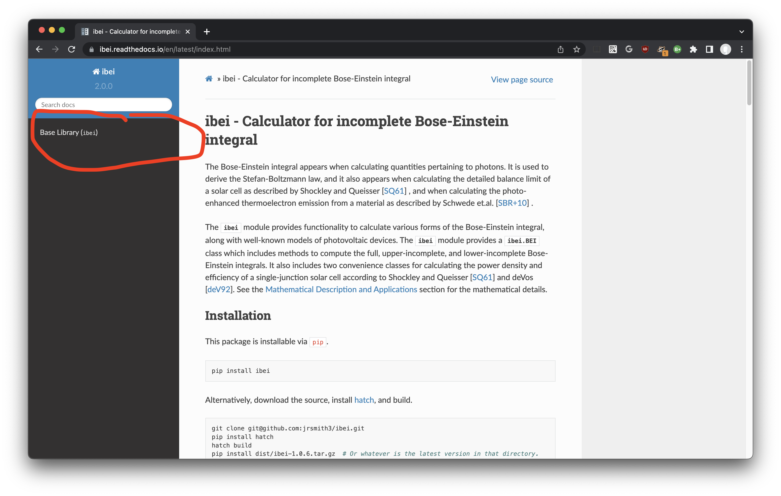 Screenshot of ibei documentation page showing the desired location of the index page's table of contents in the left-hand sidebar.