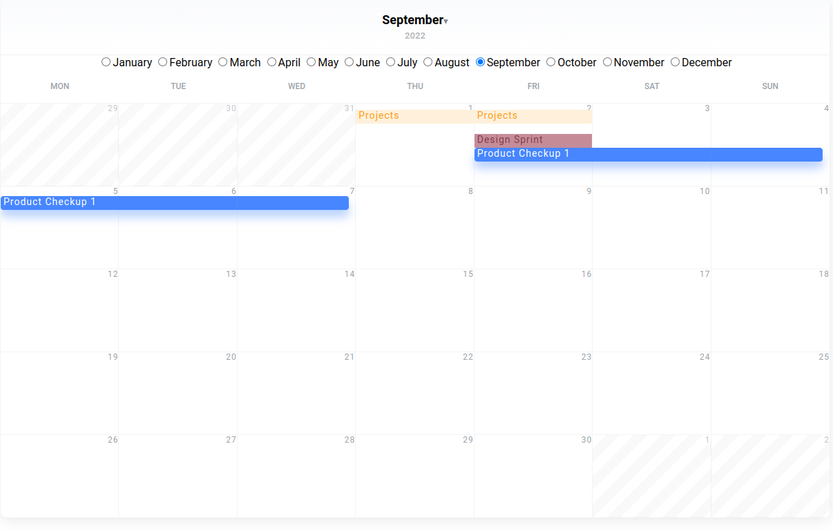 Events spanning multiple days are split across weeks when necessary ...