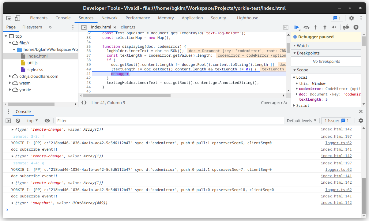 `example/index.js` stops when receiving a snapshot from the server ...