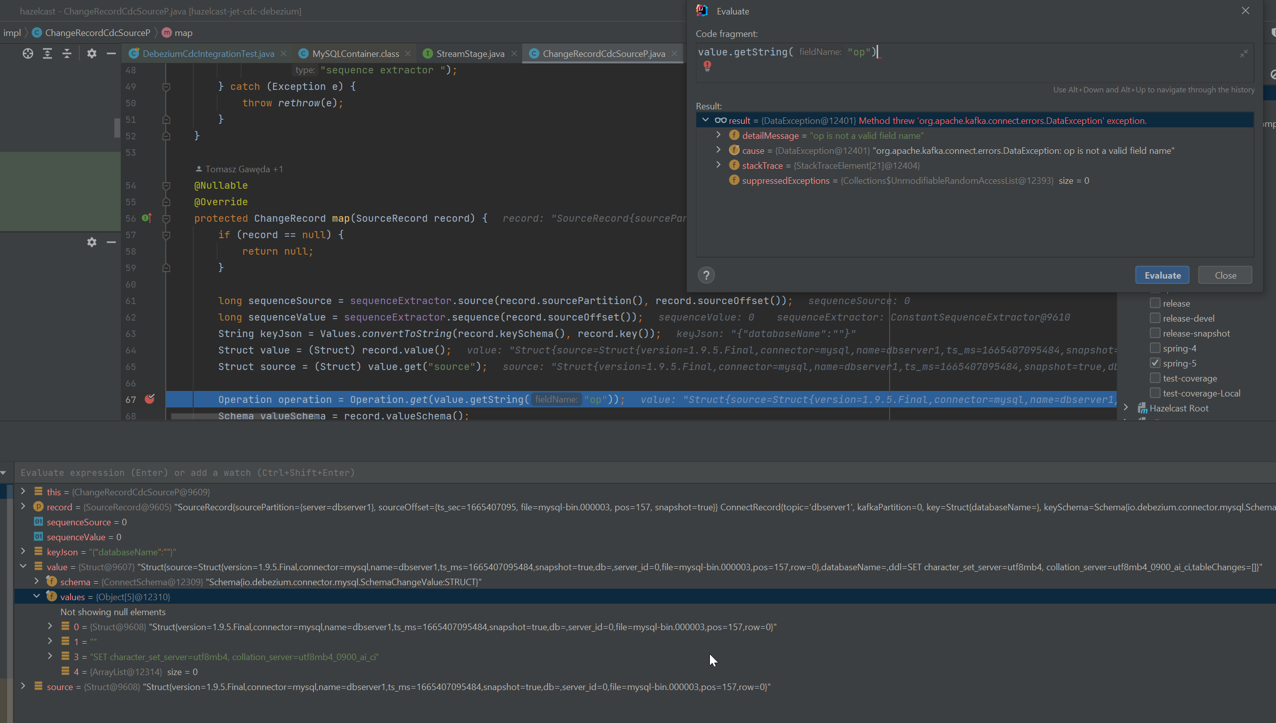 CDC "op is not a valid field name" during creation of ChangeRecord when