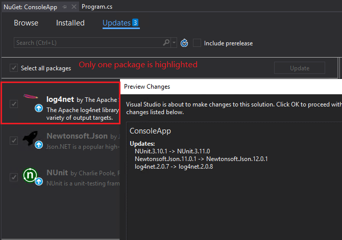 Only one package is highlighted when updating multiple packages at the ...