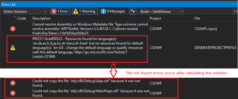 [Test Failure]Confusing warning and error occur when building the UWP ...