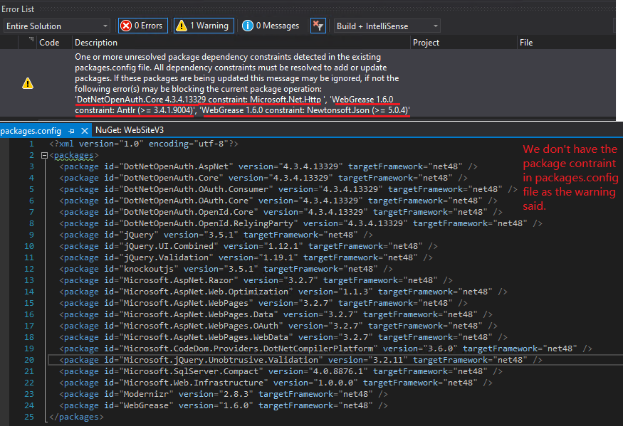 [Test Failure] VS gave a wrong constraint warning when there are no ...