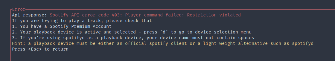 Api response: Spotify API error code 403: Player command failed ...