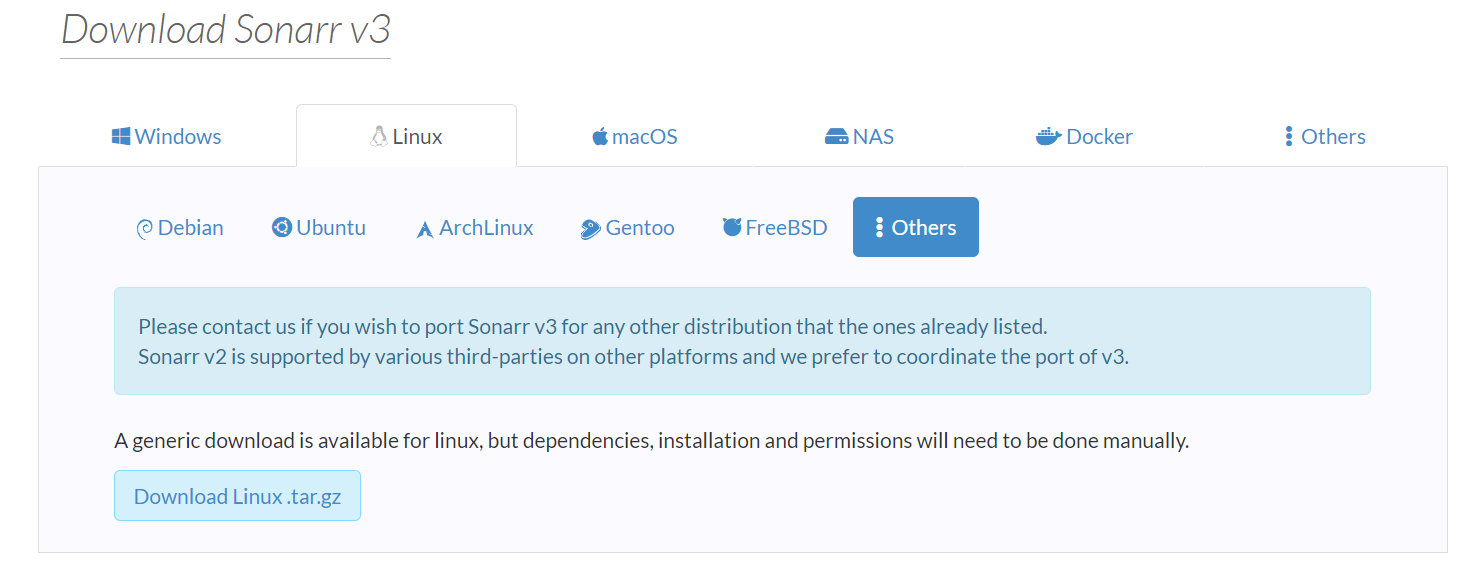"Download Linux .tar.gz" button on sonarr.tv provides windows zip