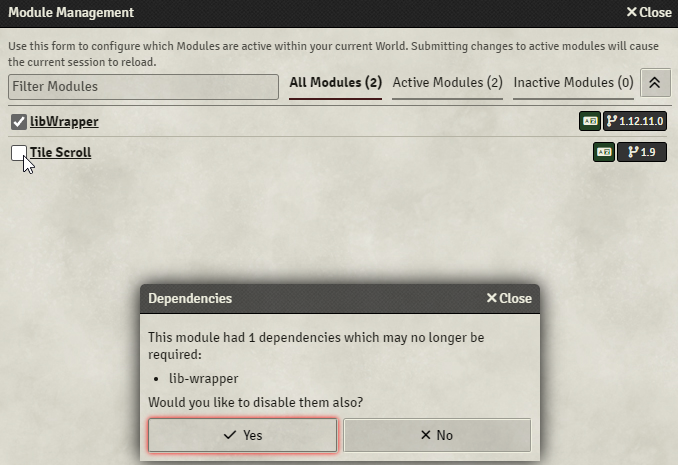 Prompting to disable active dependencies leaves module management in a ...