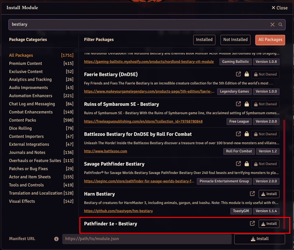 Setup page package installation interface truncates filtered results