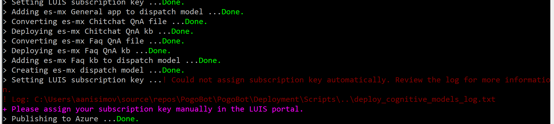 Could not assign subscription key automatically during deployment ...