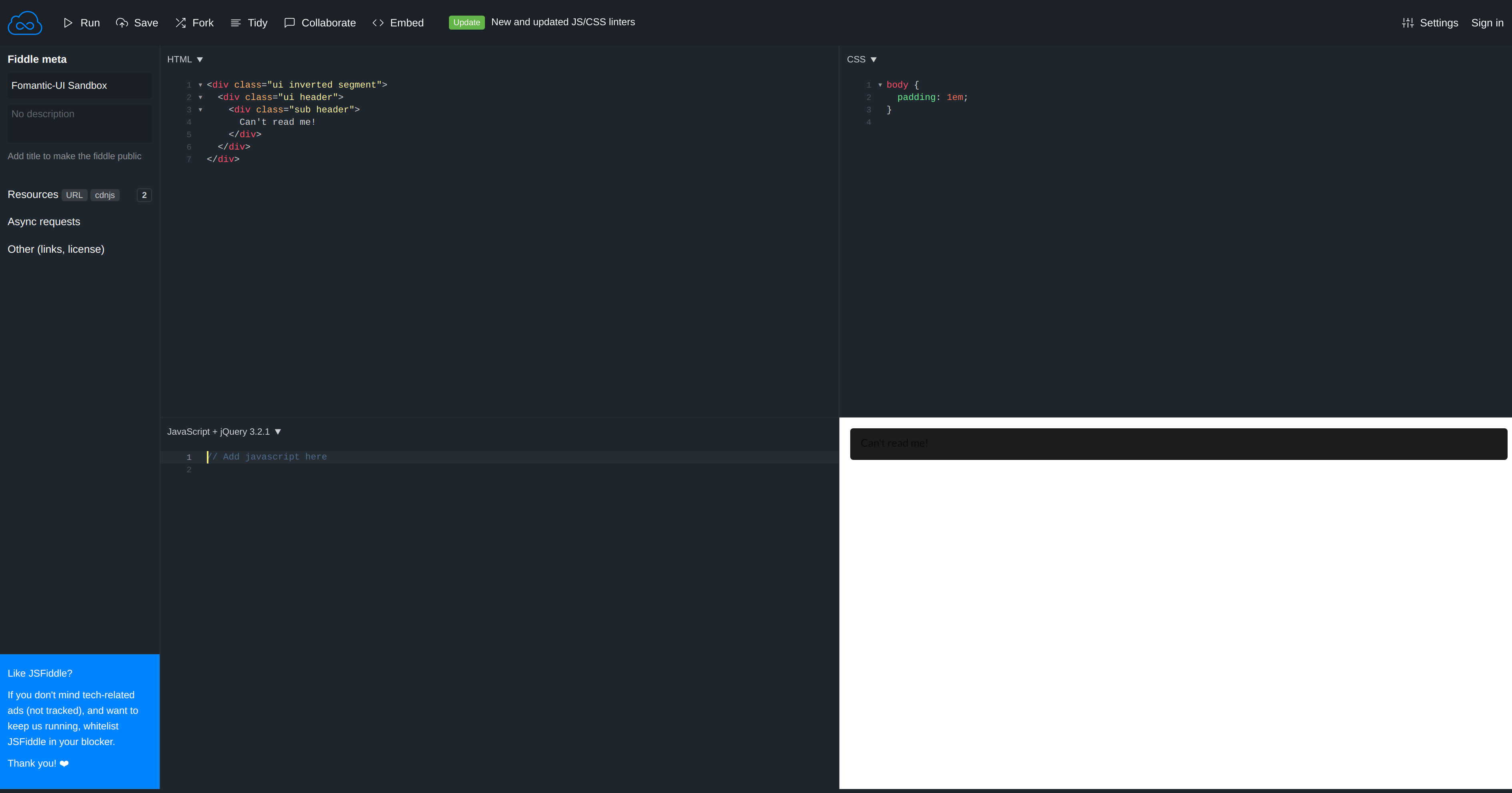 fomantic ui sandbox jsfiddle