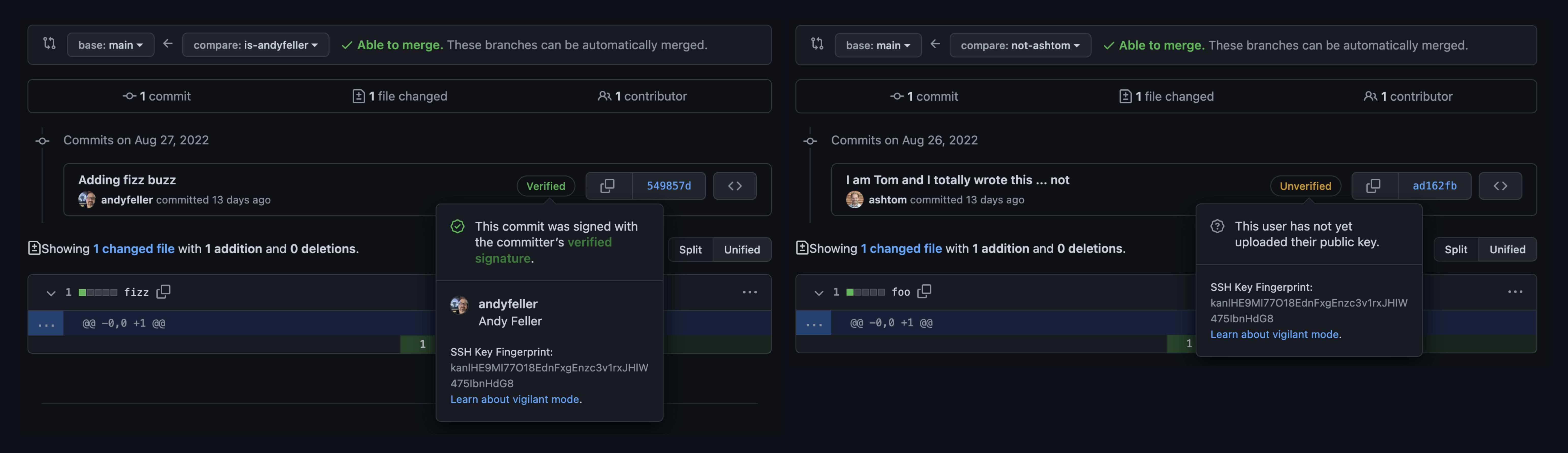 Screenshot comparing 2 pull requests demonstrating unverified and verified changes