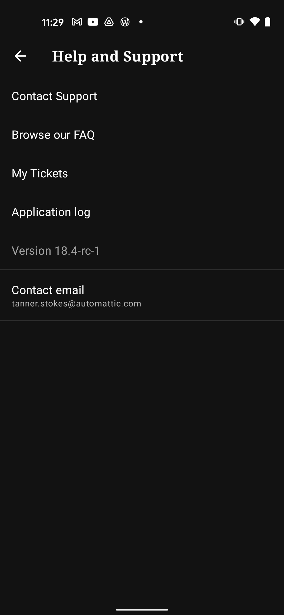 Help & Support view running the Dark theme