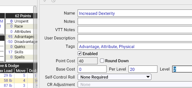Increased/Decreased Attribute advantages show in the Advantages section ...
