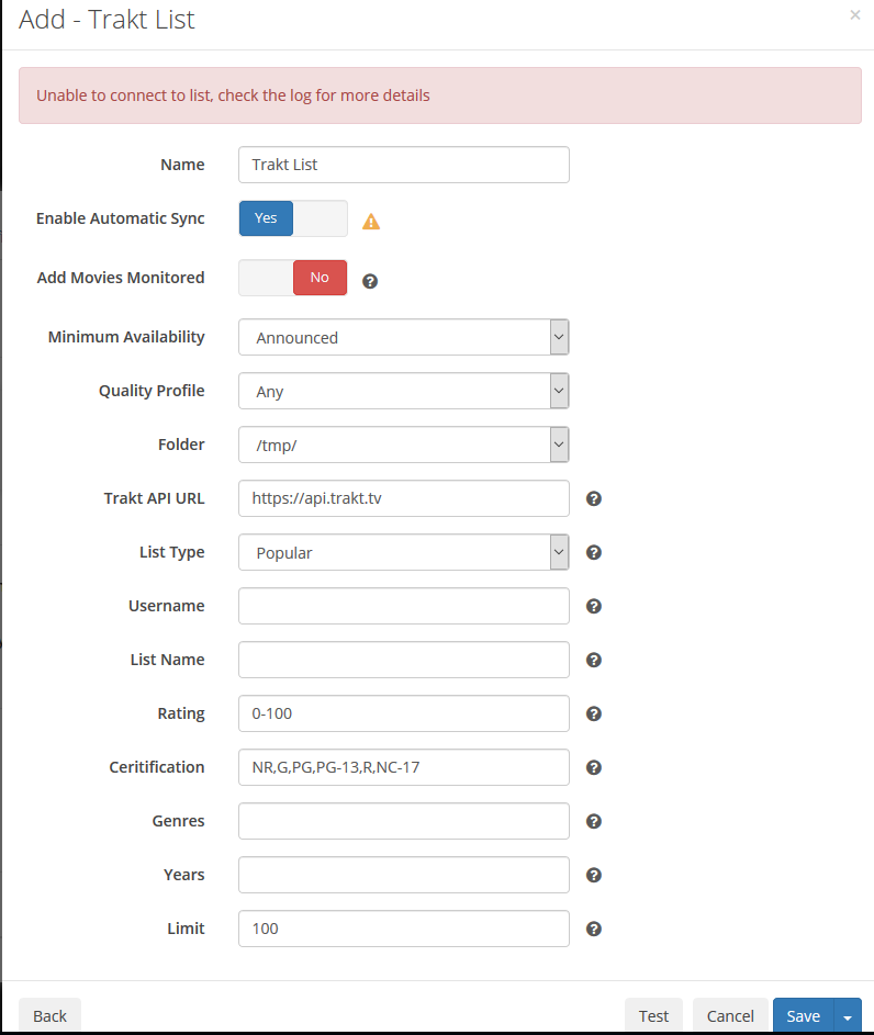 Error when trying to add Trakt list · Issue #2831 · Radarr/Radarr · GitHub