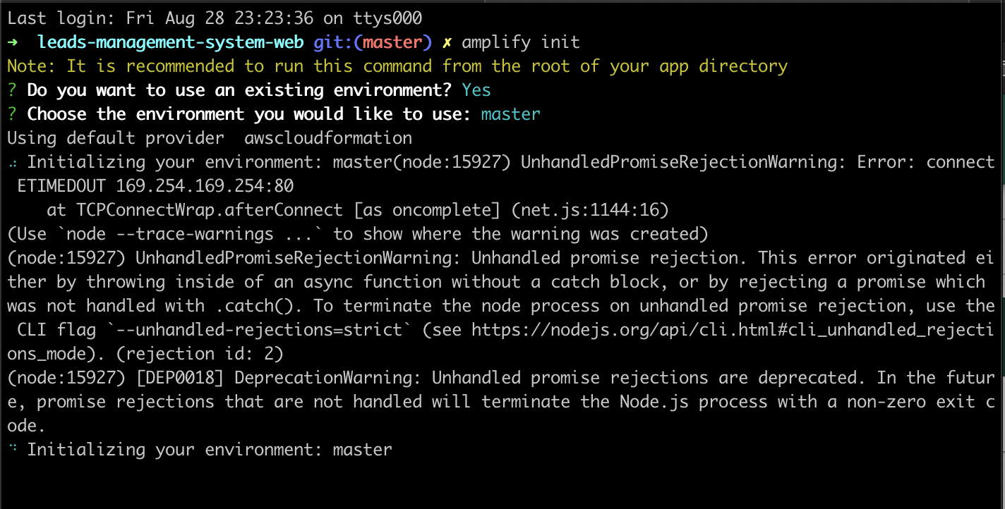 amplify env checkout -> Error: connect ETIMEDOUT 169.254