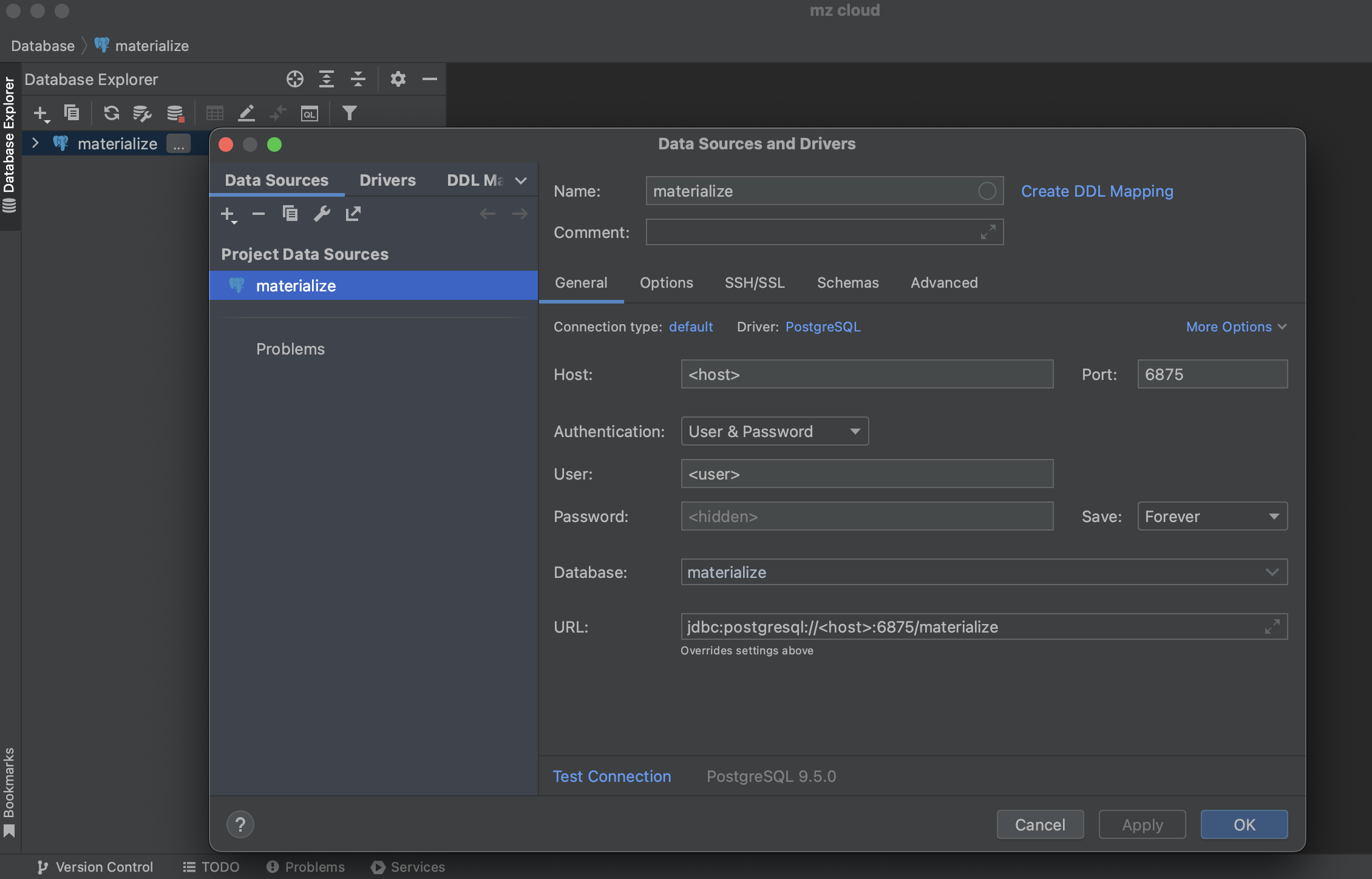 DataGrip Materialize Connection Details