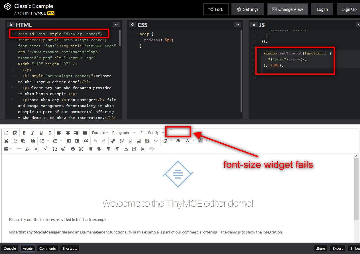 Font-size widget ugly when initializing TinyMCE inside of "display ...