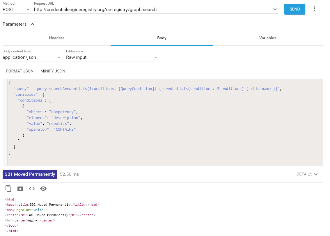 Graph search returning 502 Bad Gateway or 301 Moved Permanently · Issue ...