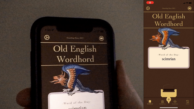 An iphone rotated back and forth showing the Old English Wordhord App with all the gold elements shimmering as if reflecting light. A screen recording on the right shows the same content.