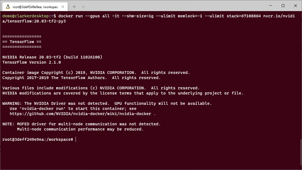 TensorFlow with CUDA running inside a Docker container