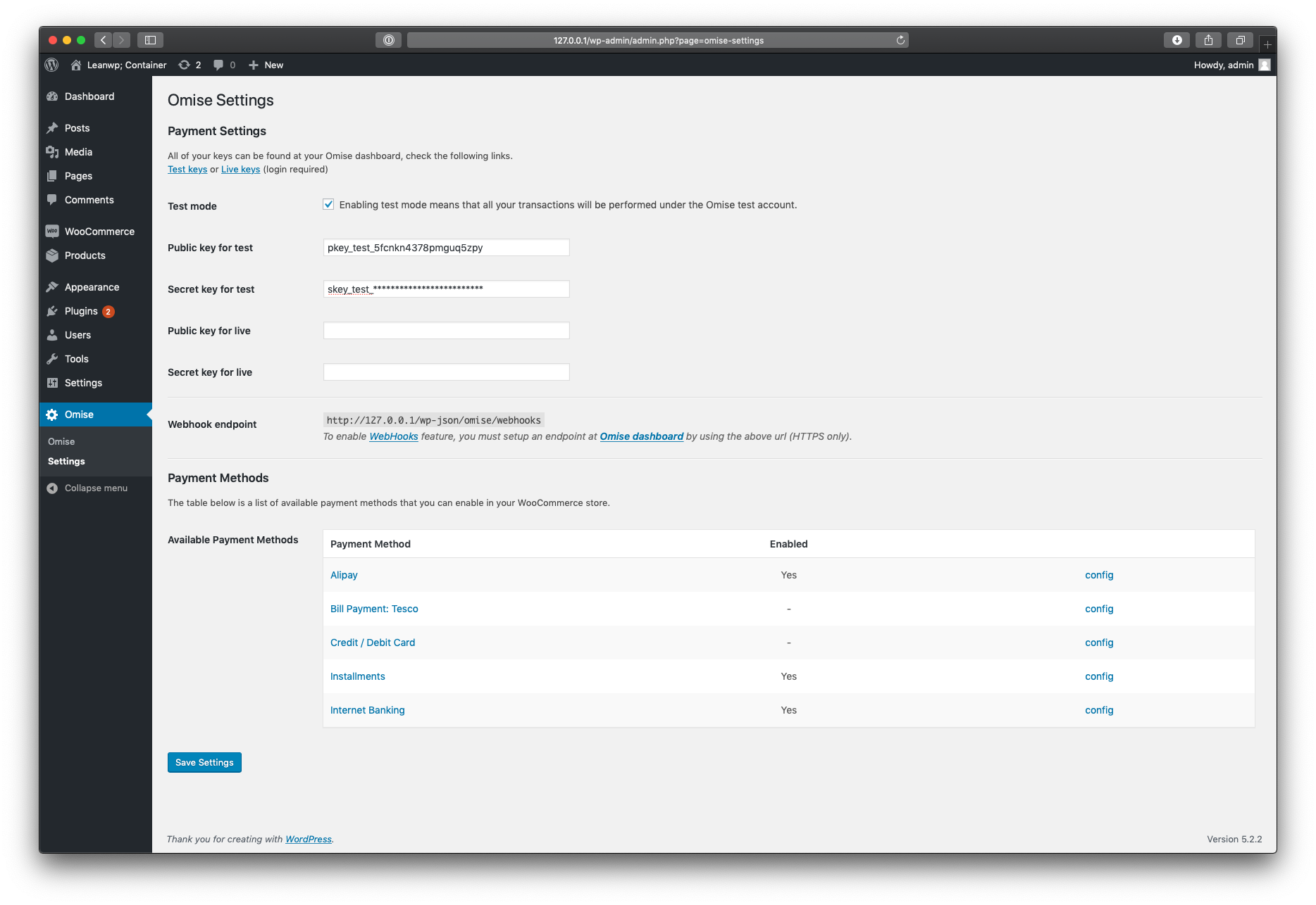Omise-WooCommerce plugin - setting page