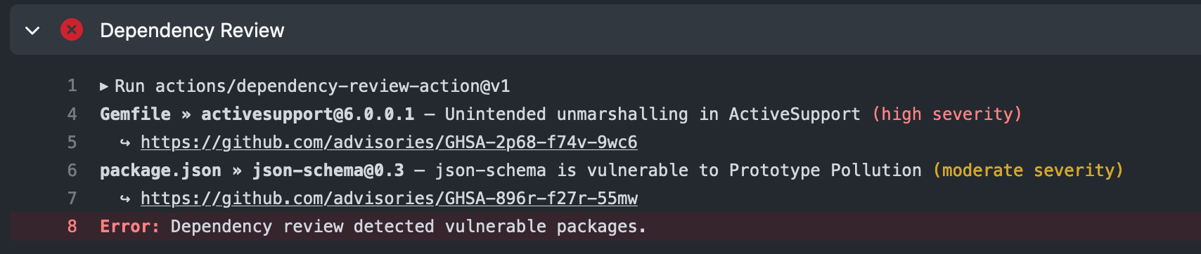 GitHub workflow run log showing Dependency Review job output