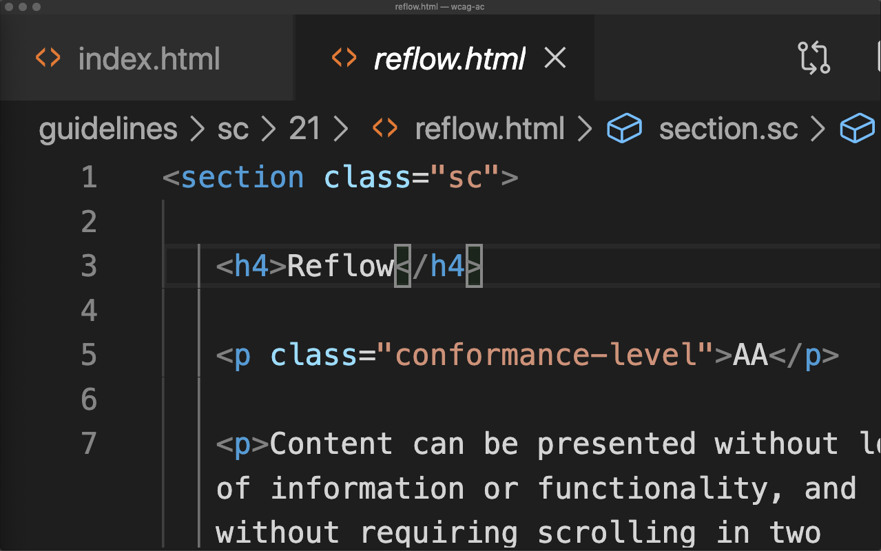 Screenshot from VS code at roughly 400% showing the reflow SC edit view.