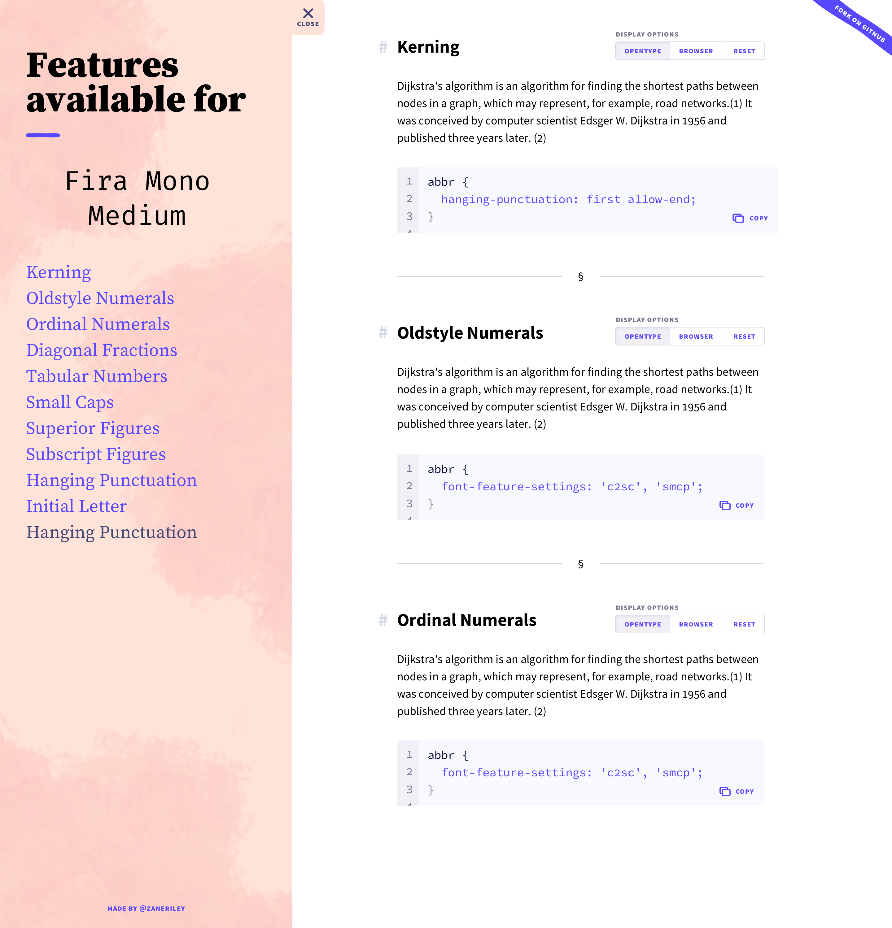 viewing font features