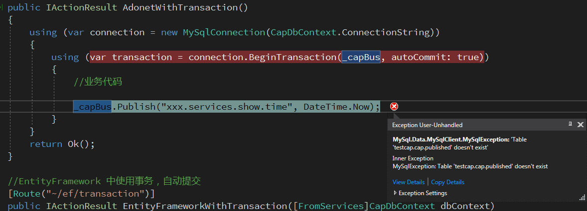 MySqlException: Table 'testcapdb.cap.published' doesn't exist · Issue ...