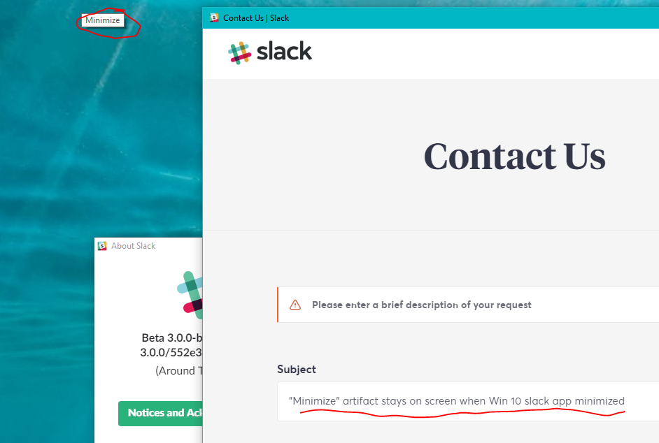 Minimizing the window leaves the 'Minimize' tooltip floating on the