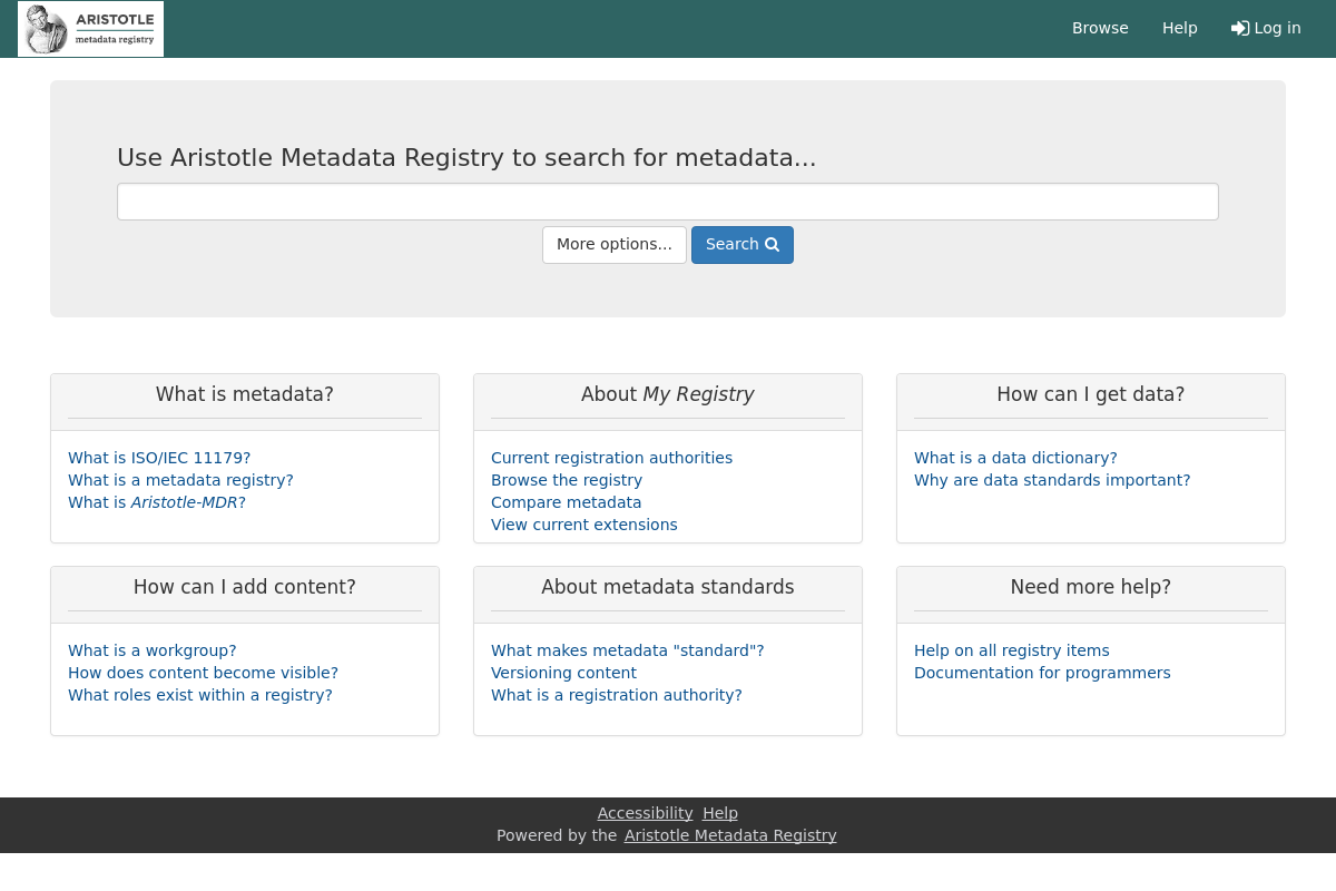 Main screen of the Aristotle registry