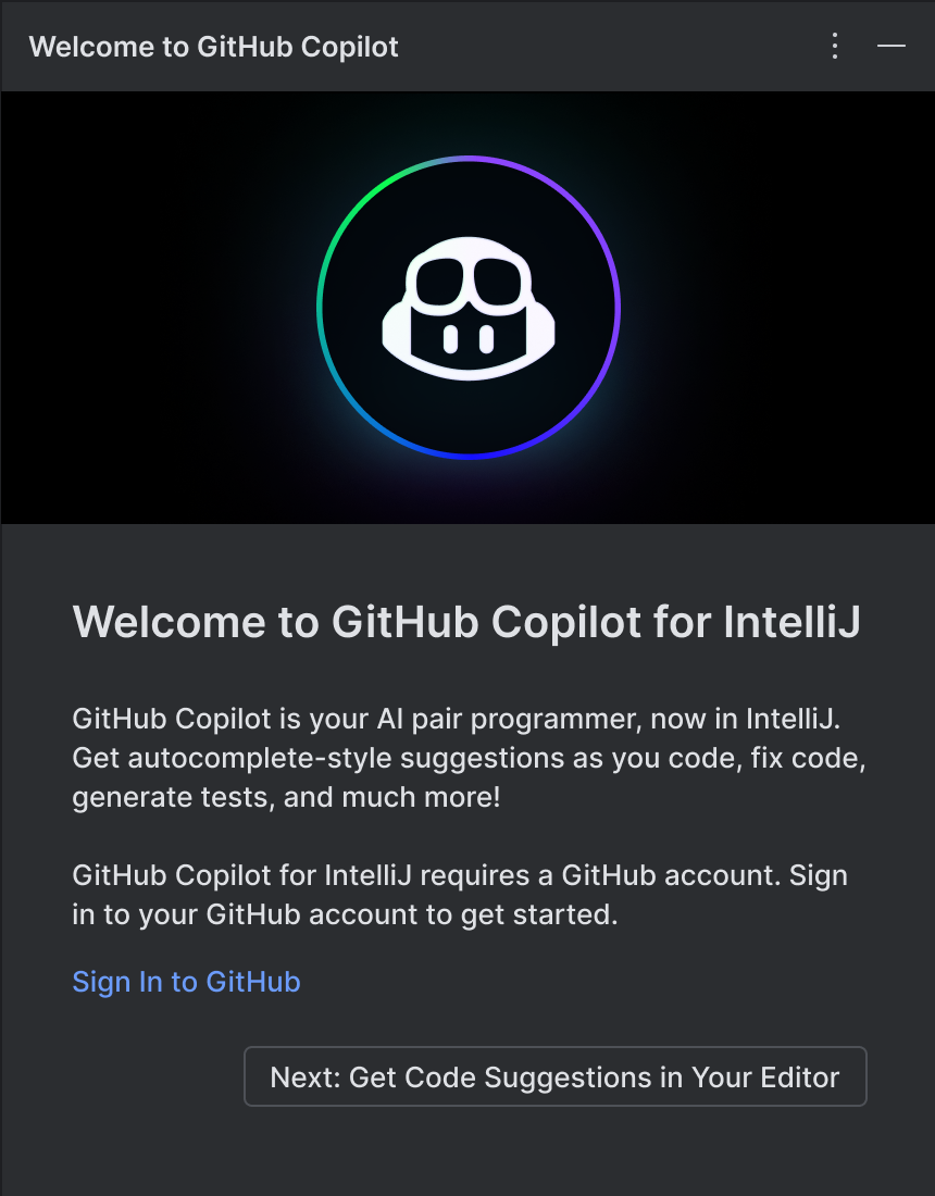 Copilot welcome guide in IntelliJ