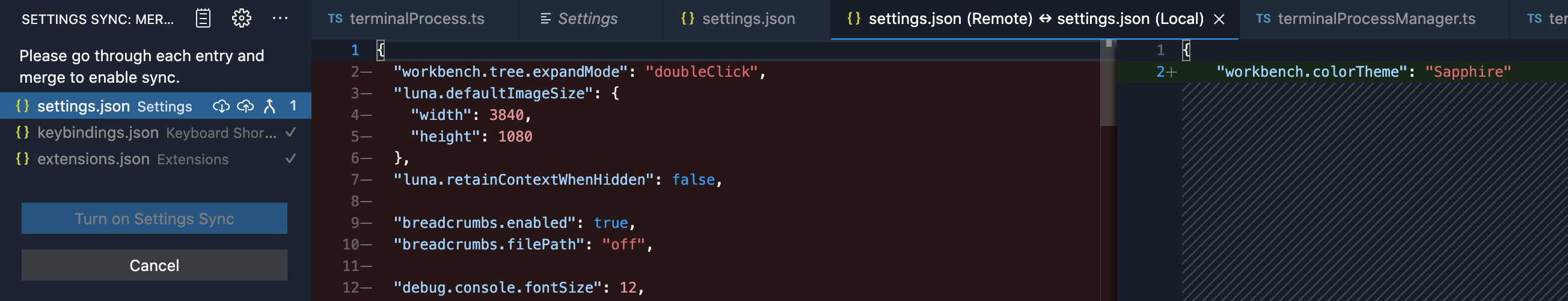 Settings sync should merge automatically if there are no conflicts ...