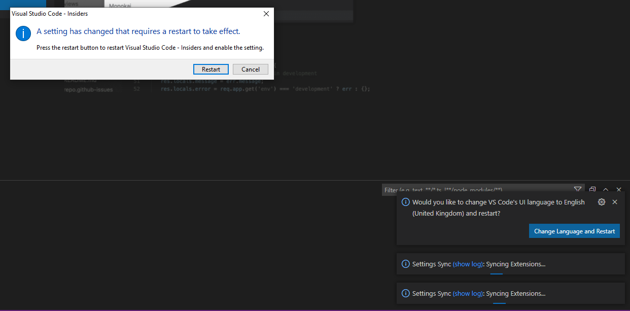 Delay restart prompt while settings sync is turning on · Issue #122132 ...