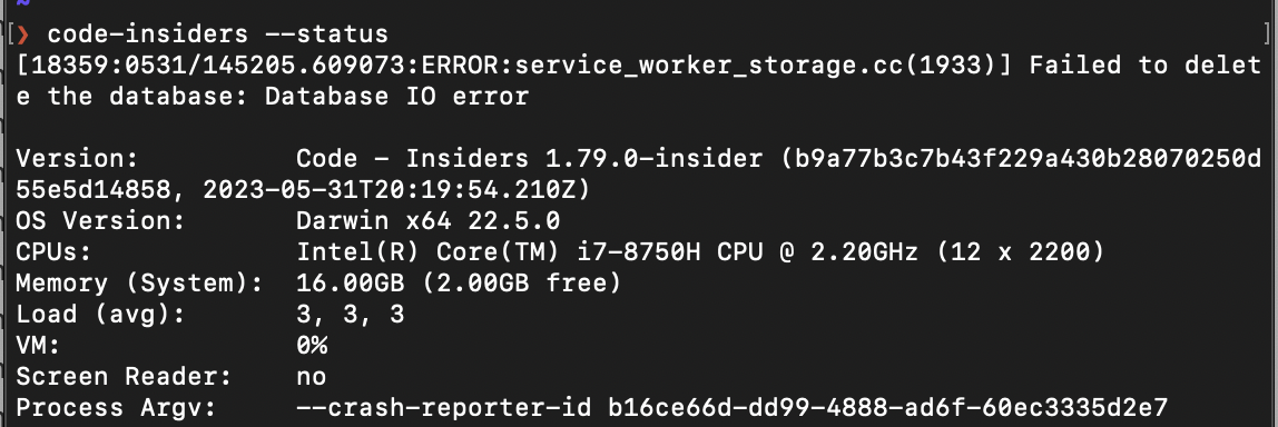 code --status displays a lot of errors before actual status output ...