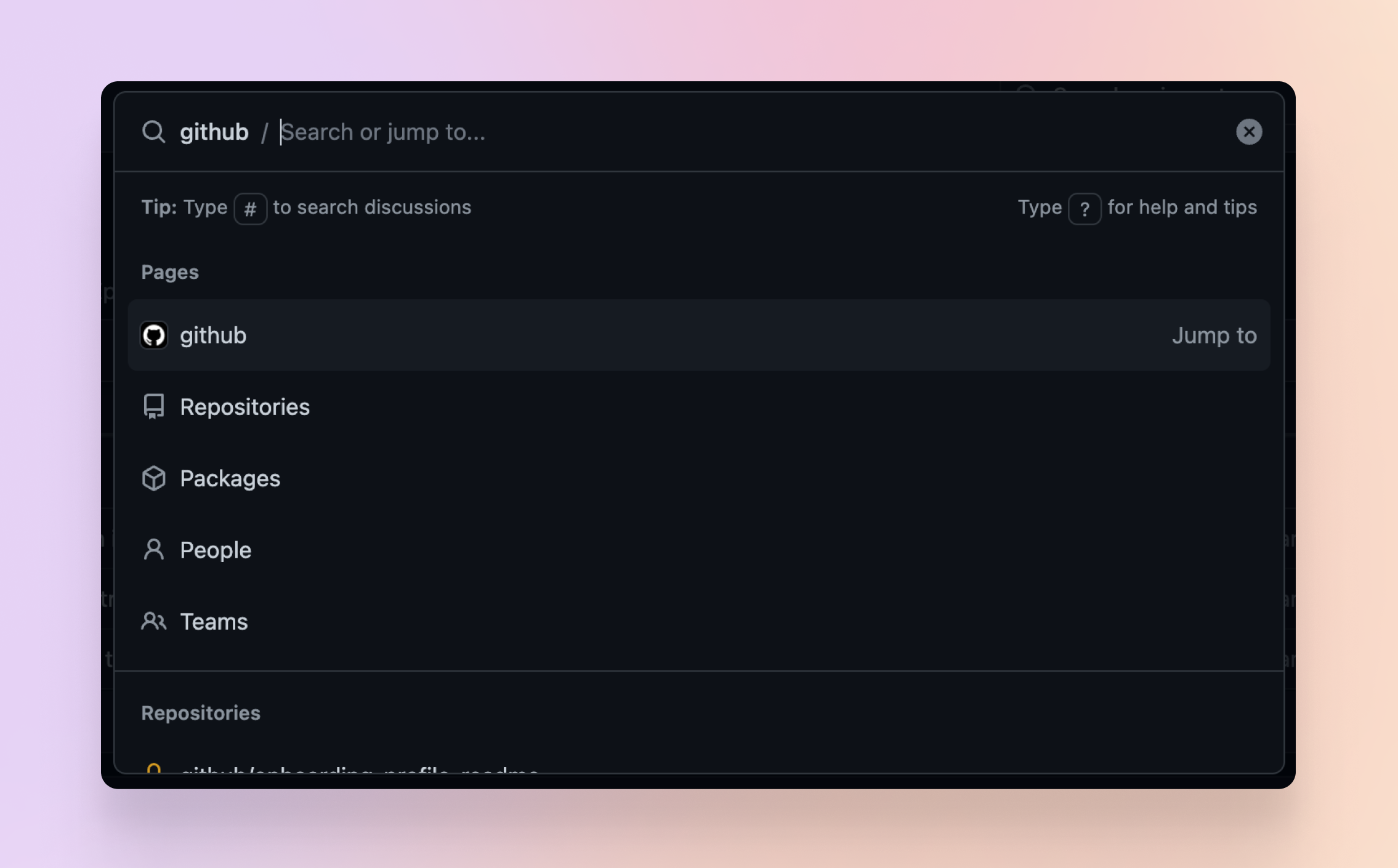 Screenshot of command palette with search commands displayed. Navigation commands allow users to visit an org, repos, packages, people, teams.