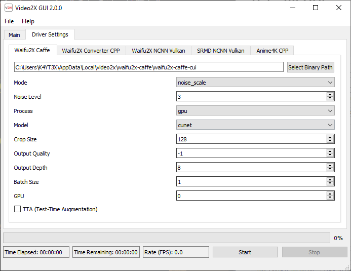 Video2X GUI Driver Settings Screenshot