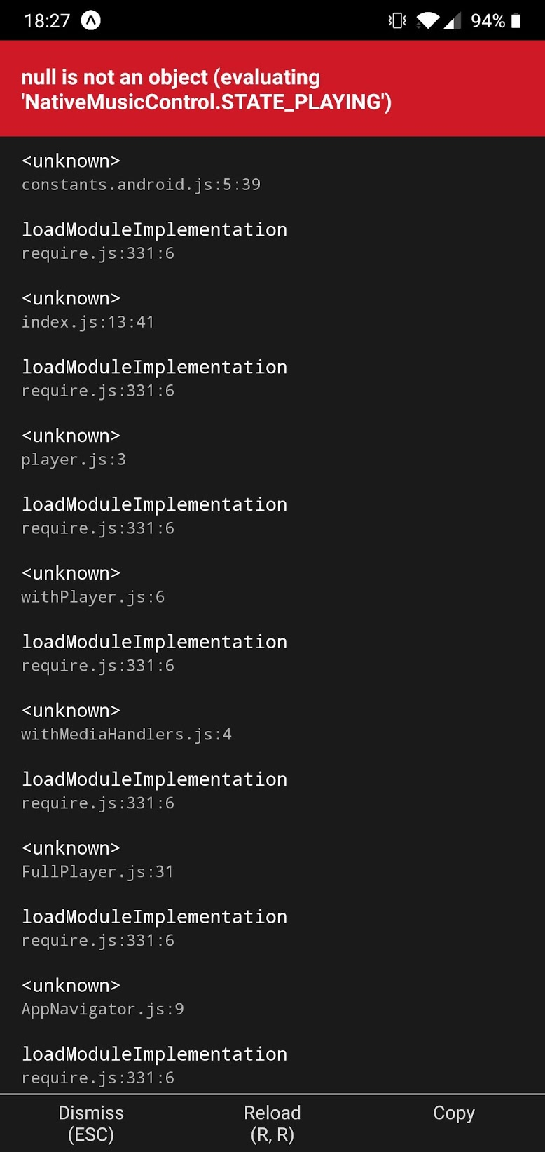 null is not an object (evaluating 'NativeMusicControl.STATE_PLAYING